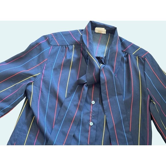 Vintage FRESH START Tie Neck Striped Blouse 70s 80s Navy Size Small - Picture 3 of 7